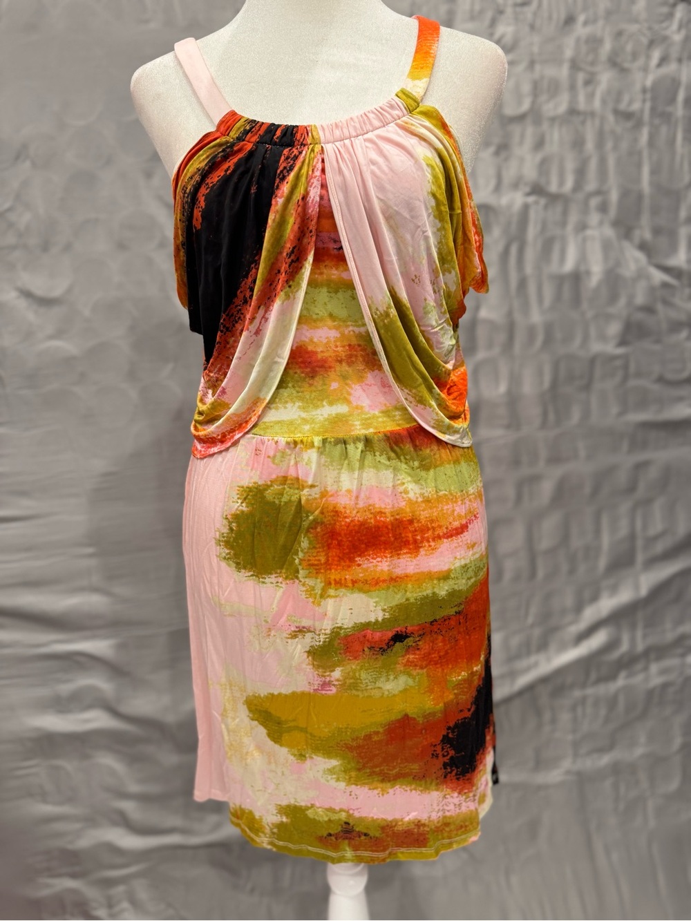 Ali Ro Pink, Orange, Green, Black Abstract Mini Dress